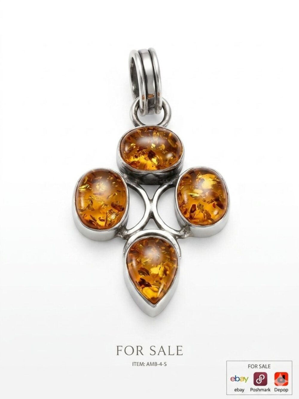 925 Sterling Silver Genuine Honey Amber Cross Pendant